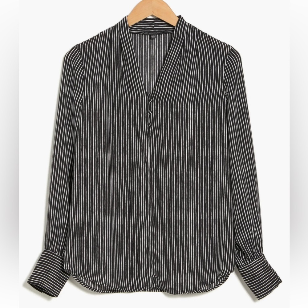 Adriana Papell Printed Crepe Black and White Striped Long Sleeve Blouse Size L - Picture 3 of 14